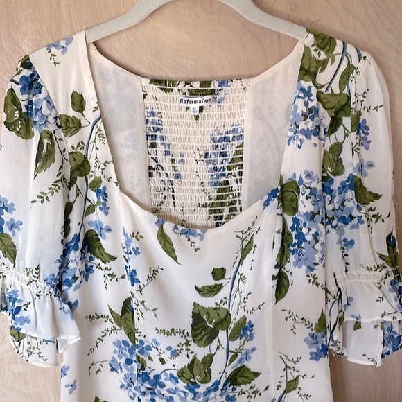 Reformation Constance Top Blue White Floral Puff Sleeve Blouse Size 12 - Picture 4 of 14